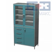 Arkodor AR-X97 - шкаф с двумя распашными застекленными дверями, двумя металлическими полками, четырьмя выдвижными ящиками с замком, распашной металлической дверью с замком, металлической полк